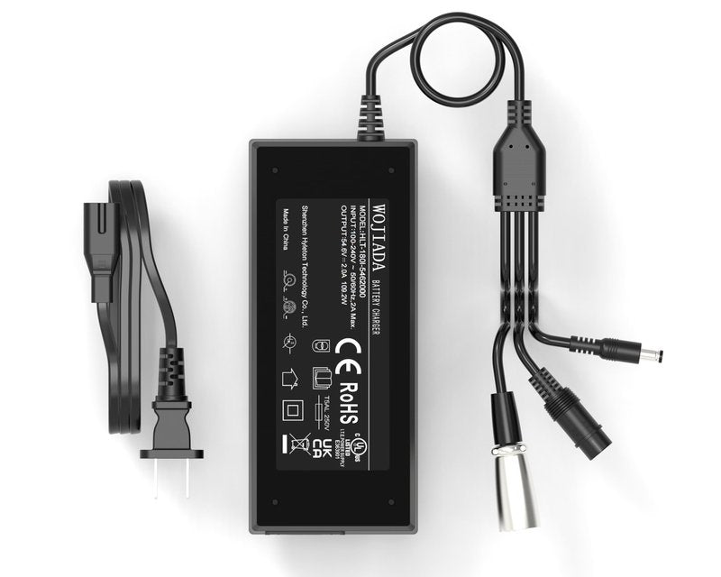WOJIADA 54.6V 2A Electric Ebike Charger,3 Plugs for 48V Battery Charger DC5.5 * 2.5 and 3-pin and 12mm 3-Prong Replacement Charger,Ebike Scooter F1,F2,F