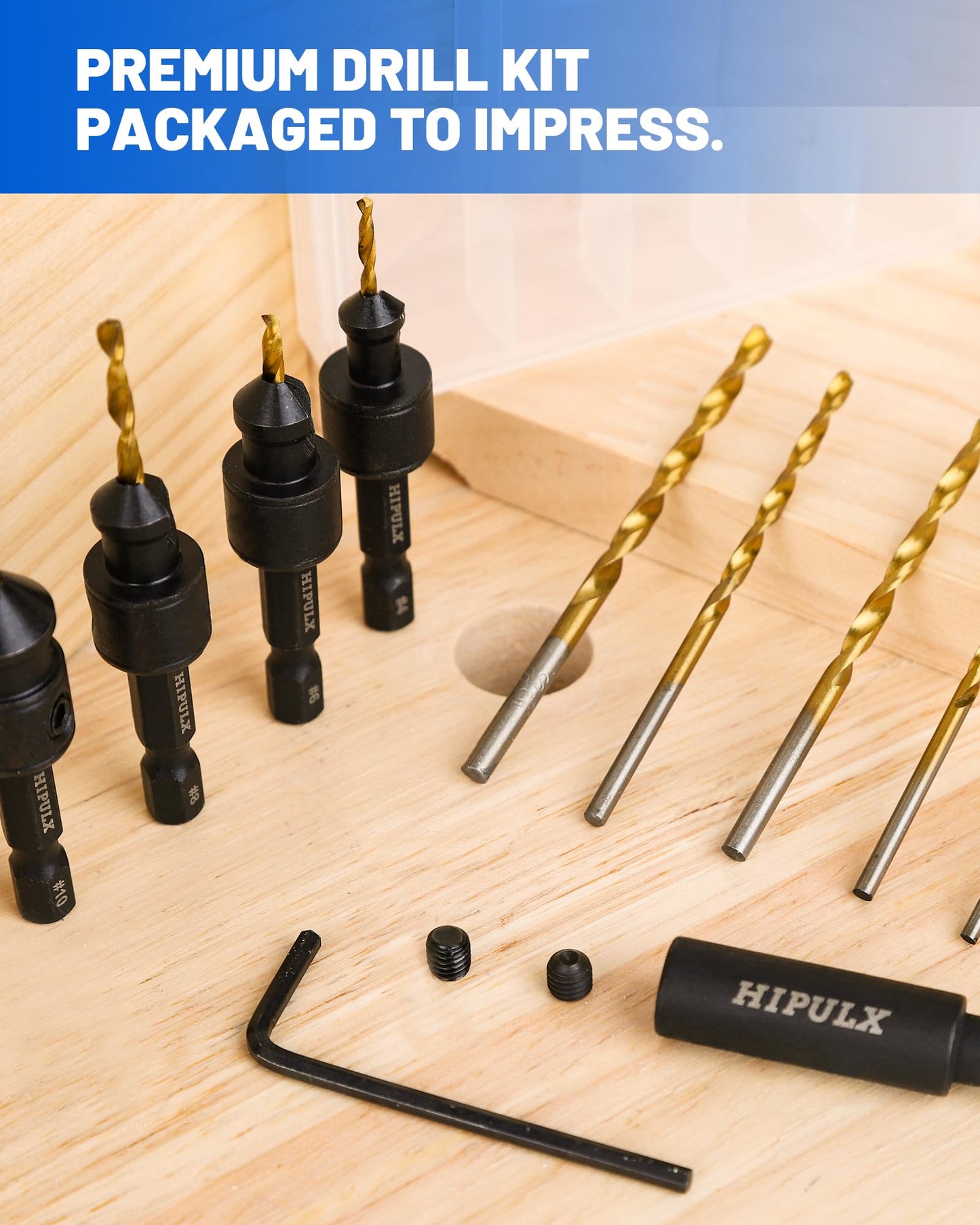HIPULX Countersink Drill Bit Set for Wood - 14 PCS Counter Sink Drill Bits Adjustable #4, #6, #8, #10, #12, 1/4" Hex Shank, with Magnetic Extension bit Holder & Storage Box