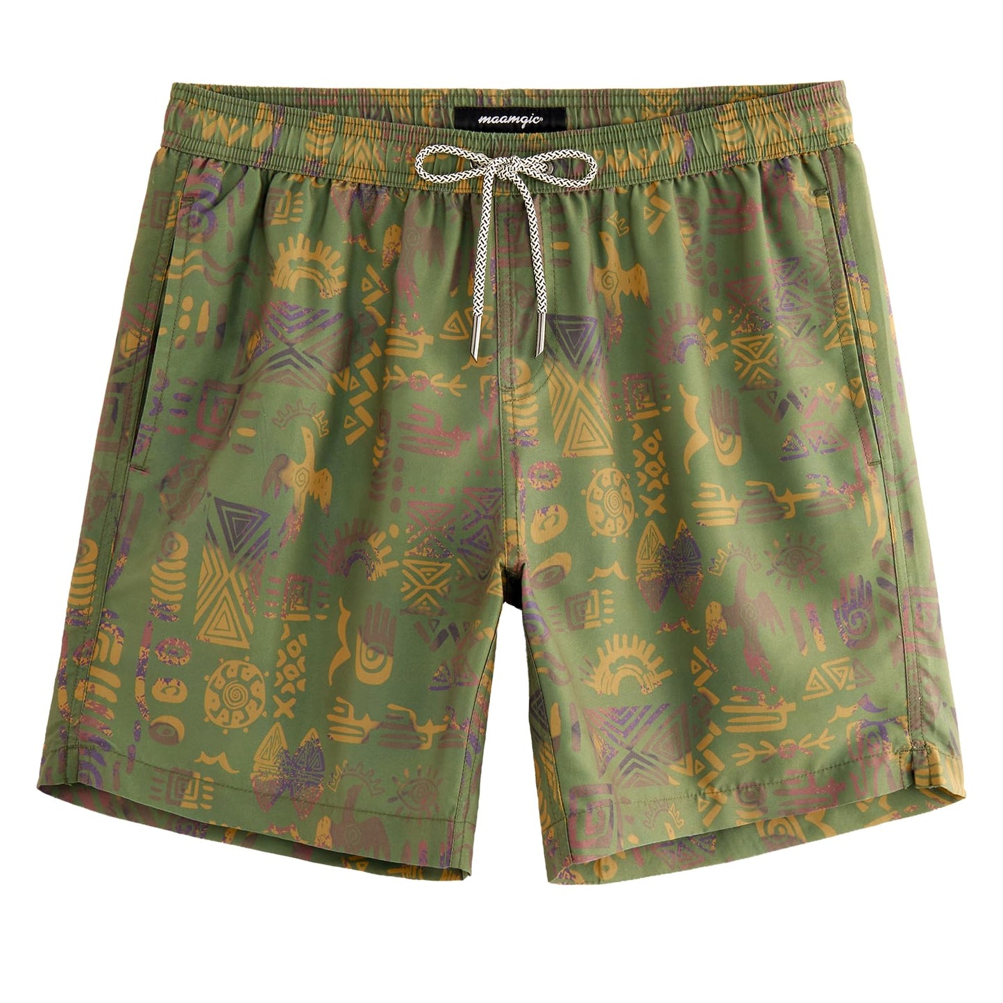 maamgic Mens Swim Trunks Quick Dry Swim Shorts with Mesh Lining Funny Swimwear Bathing Suits 7inch Folk Patterns Green Medium