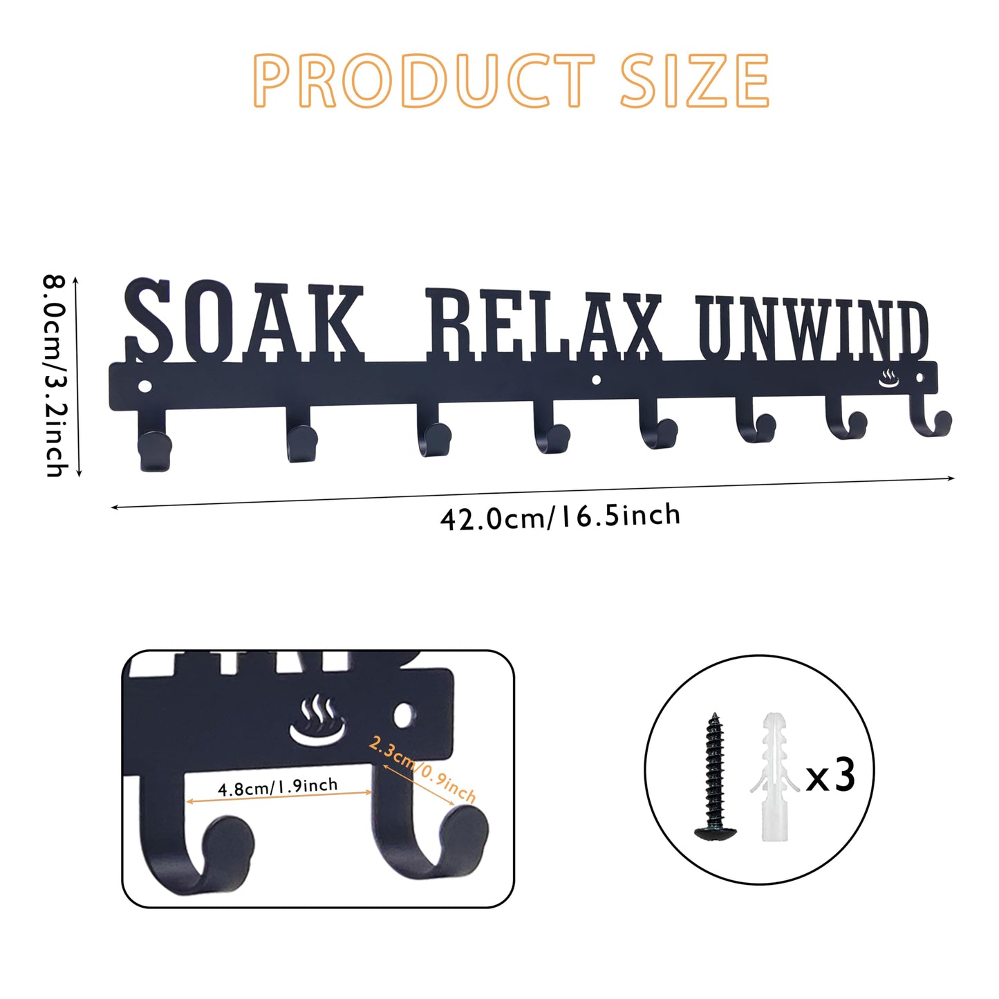 noxozoqm Hot Tub Towel Rack for Outdoor 16.5 inches, Hot Tub Accessories Holder with 8 Hooks, Towel Rack for Bathroom and Outside Hot Tub, Wall Mount Towel Organizer for Towels,Coats and Robes, Black