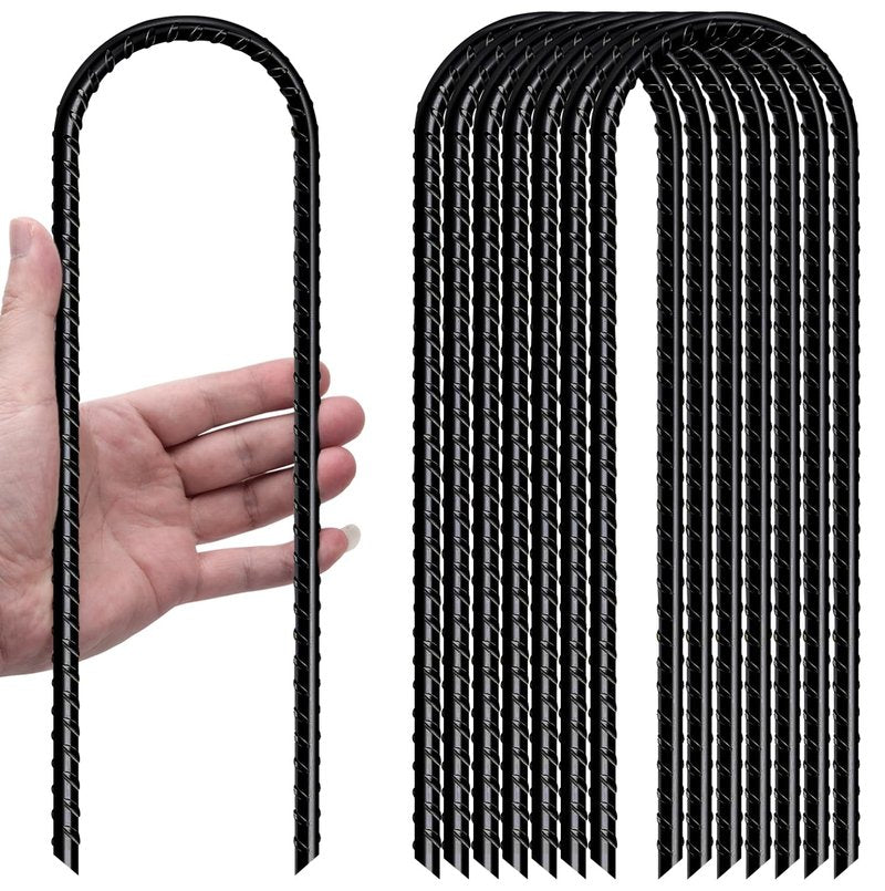 U Shaped Rebar Stakes 12 Inch Heavy Duty Ground Anchors (Pack of 8 Black) Ground Stakes Galvanized Steel, Trampoline Tie Down Anchor, Heavy Duty Stakes for High Wind