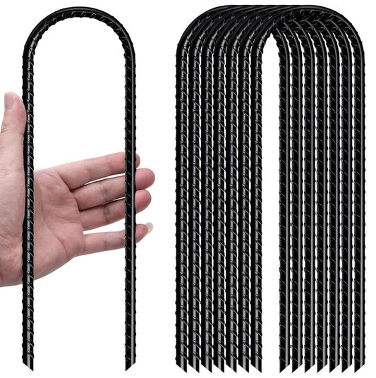 U Shaped Rebar Stakes 12 Inch Heavy Duty Ground Anchors (Pack of 8 Black) Ground Stakes Galvanized Steel, Trampoline Tie Down Anchor, Heavy Duty Stakes for High Wind