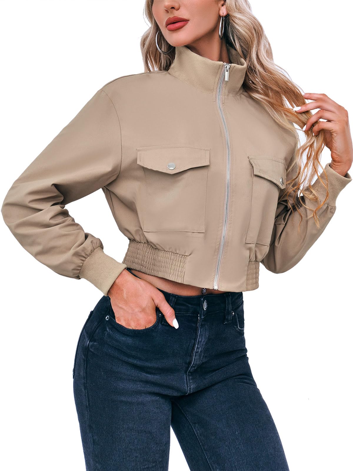 Fisoew Women's Fashion Cropped Bomber Jacket Long Sleeve Zip Up Stand Collar Jacket Coat with Pocket