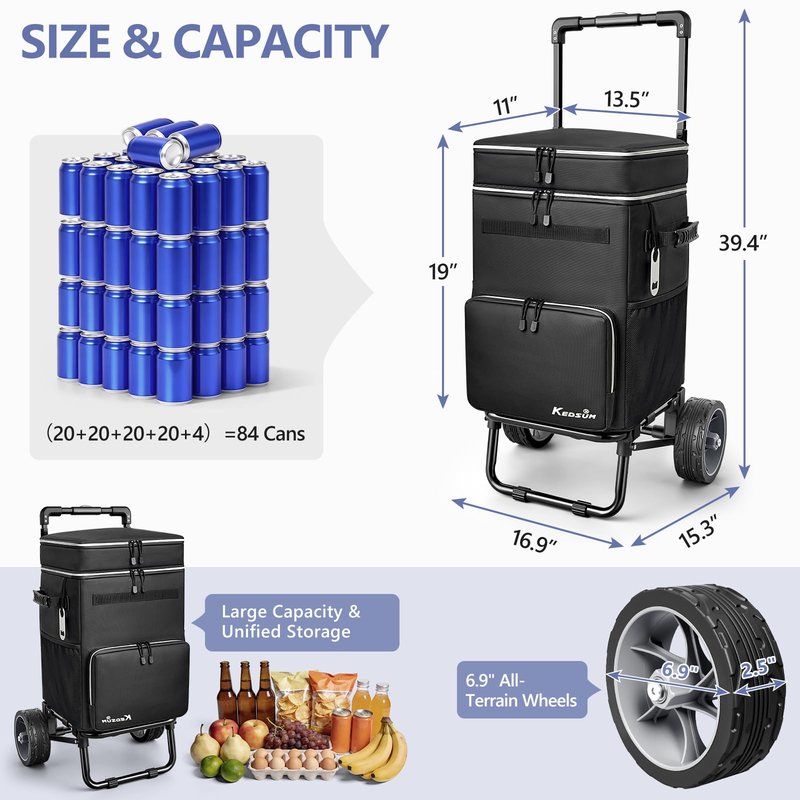 KEDSUM 84-Can Large Cooler with Wheels, Collapsible Wheeled Soft Sided Cooler with 7" Big Wheel, Ideal for Beach, Camping, Fishing & Road Trip, 20+ Hour Ice Retention & Anti-Tipping Design