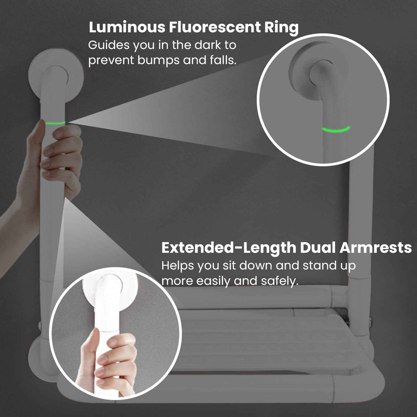 LELYFIT 16-Inch Wall Mounted Shower Seats with Armrests, Space-Saving Foldable Shower Bench for Small Bathrooms, Safety Wall-Mounted Foldable Shower Chair with Reflective Strips, Holds up to 330 lbs