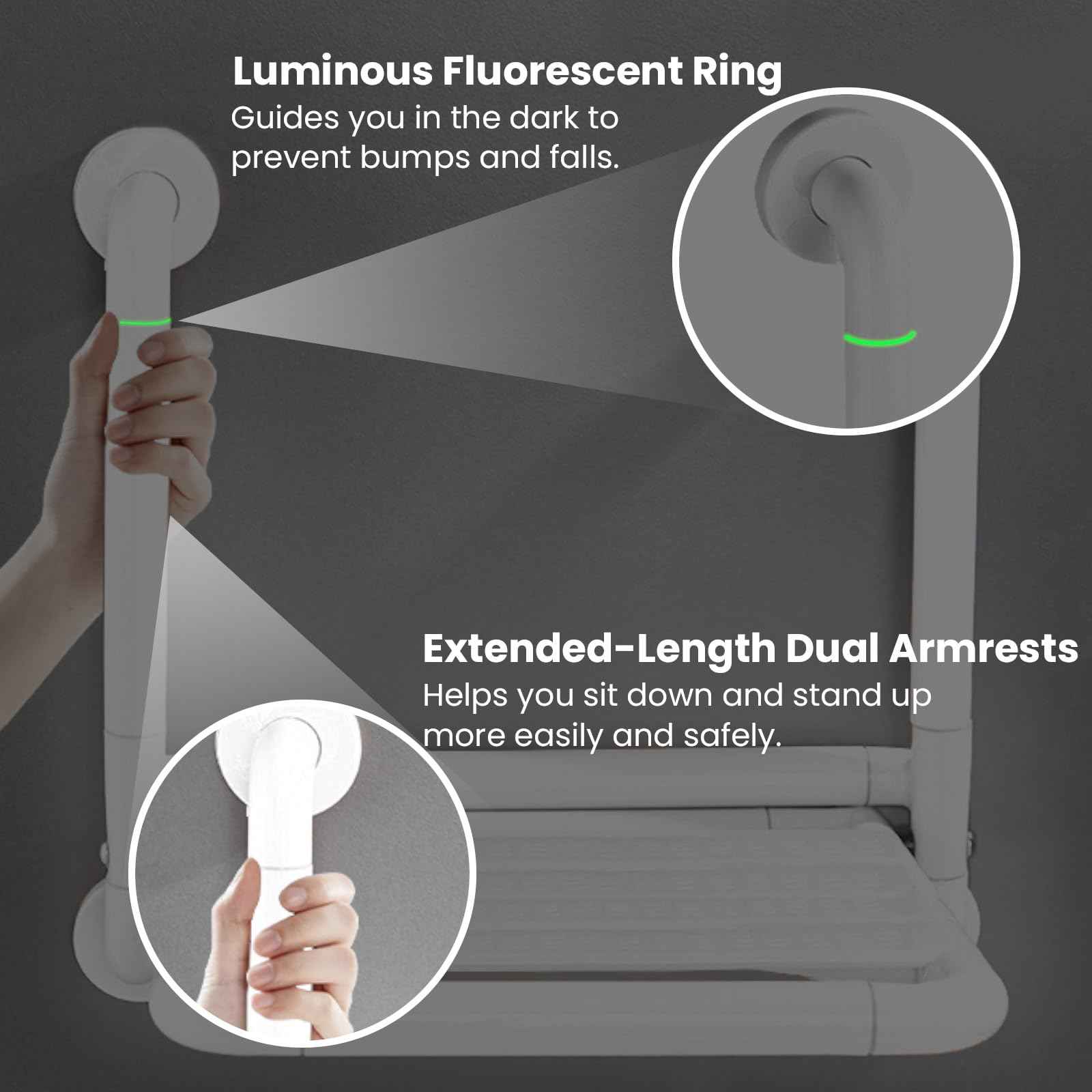 LELYFIT 16-Inch Wall Mounted Shower Seats with Armrests, Space-Saving Foldable Shower Bench for Small Bathrooms, Safety Wall-Mounted Foldable Shower Chair with Reflective Strips, Holds up to 330 lbs