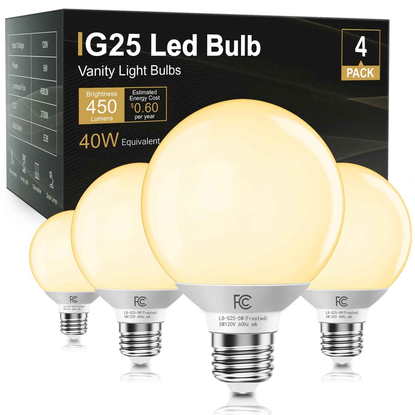 TJOY G25 LED Globe Light Bulbs, Vanity Light Bulb for Bathroom 40W Equivalent, 2700K Soft Warm White E26 Base, Round Decorative Bulb for Vanity Makeup Mirror, CRI85+, 450LM, Non-Dimmable, UL, 4 Pack