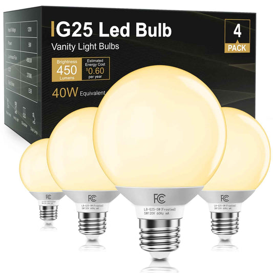 TJOY G25 LED Globe Light Bulbs, Vanity Light Bulb for Bathroom 40W Equivalent, 2700K Soft Warm White E26 Base, Round Decorative Bulb for Vanity Makeup Mirror, CRI85+, 450LM, Non-Dimmable, UL, 4 Pack