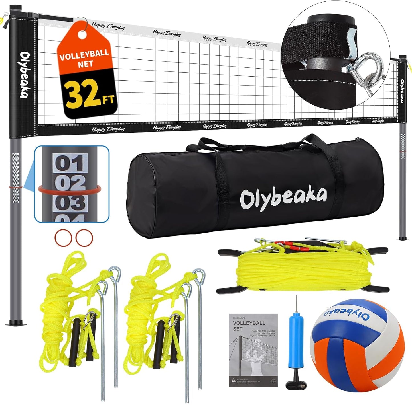 Skiennix 32ft Outdoor Volleyball Net Set - Heavy Duty Poles, Durable Net, Volleyball & Pump Included