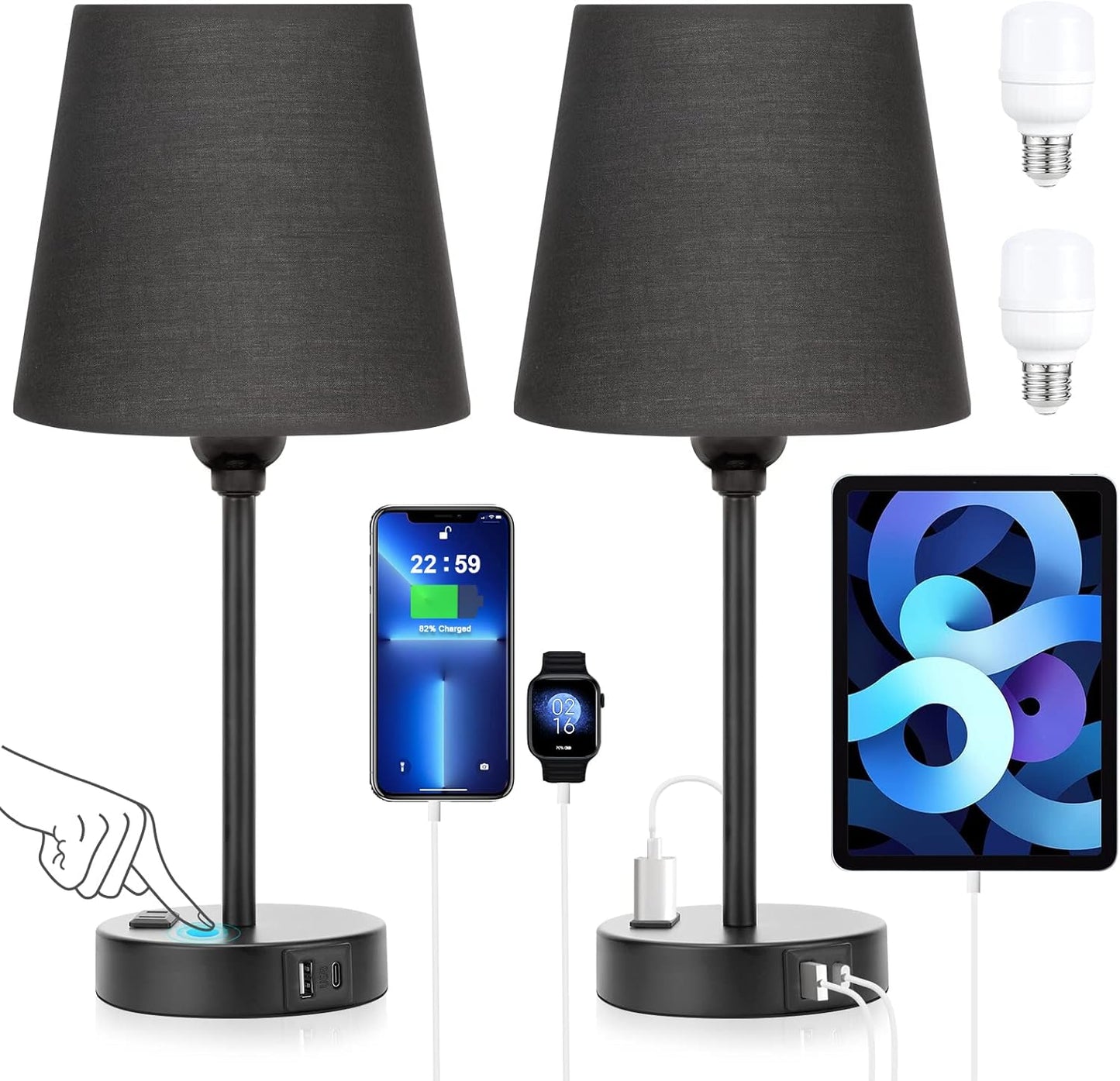 Set of 2 Mini Bedside Lamps with USB-C & AC Outlet - Dimmable Touch Nightstand Lights for Bedrooms