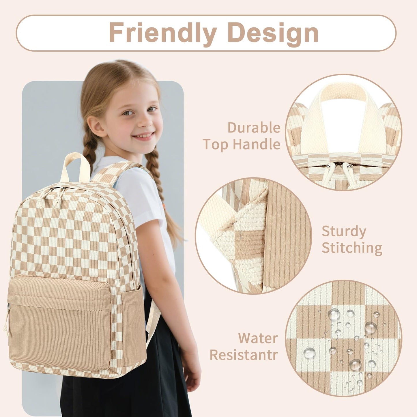 CAMTOP Backpack for Teen Girls Corduroy Bookbags Elementary Middle High School School Bag Lightweight Women Travel Casual Daypacks (Brown White Grid)