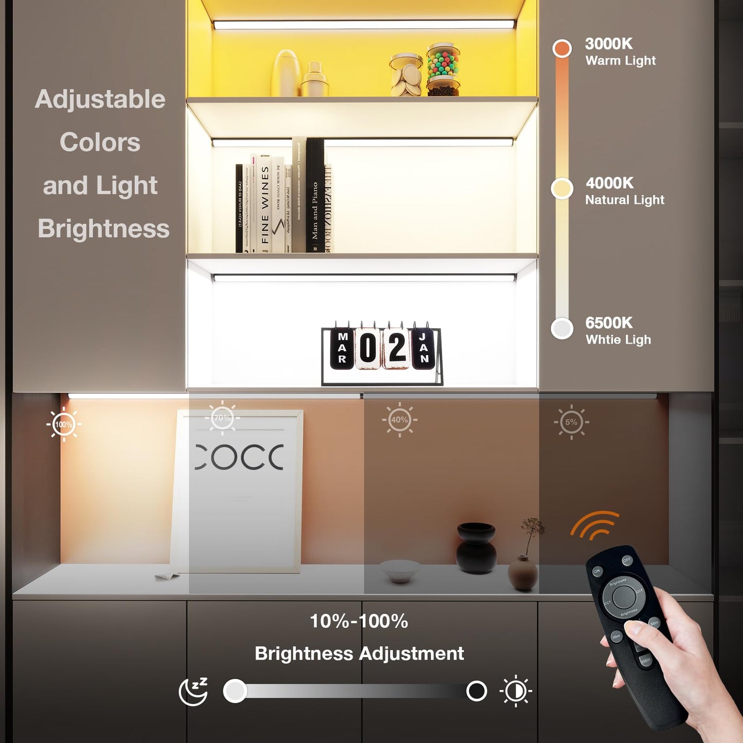 Under Cabinet Lighting Wireless with Remote,Rechargeable Battery Operated Closet Lights,3 Color Magnetic Dimmable led Strip Lights,Under Counter Lights for Kitchen,Shelf,Bedroom (Black-2PCS, 80cm)