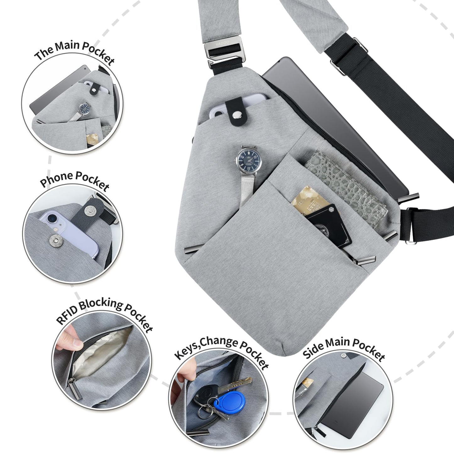 VADOO Anti-theft Crossbody Bags for Women, RFID Blocking Pocket Sling Bag for Men Lightweight Shoulder Chest for Travel Sport, Gray 2.0