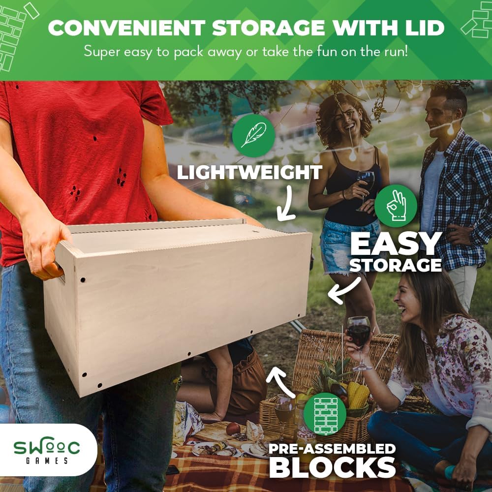 SWOOC Games® - Giant Tower Game with 3-in-1 Straightener & Storage Box - Quick 90% Setup - 2-4ft to Over 6ft