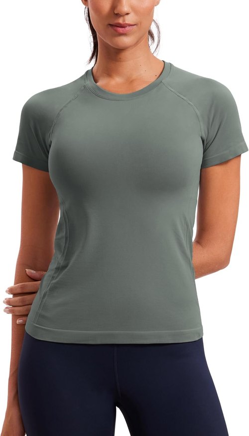 CRZ YOGA Seamless Workout Tops for Women - Breathable Short Sleeve Athletic Tees | Hip Length Gym & Yoga Shirts