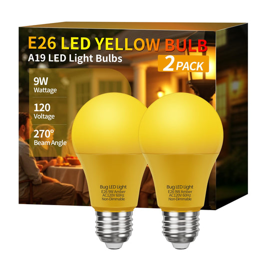 Roche Jaune Bug Light Bulbs, Yellow Bug Lights for Outside, A19 9W Equivalent 60W, 2000K Amber Porch Light Bulb, E26 Base, Not-Dimmable, Perfect for Patio, Deck, Backyard, 2 Pack