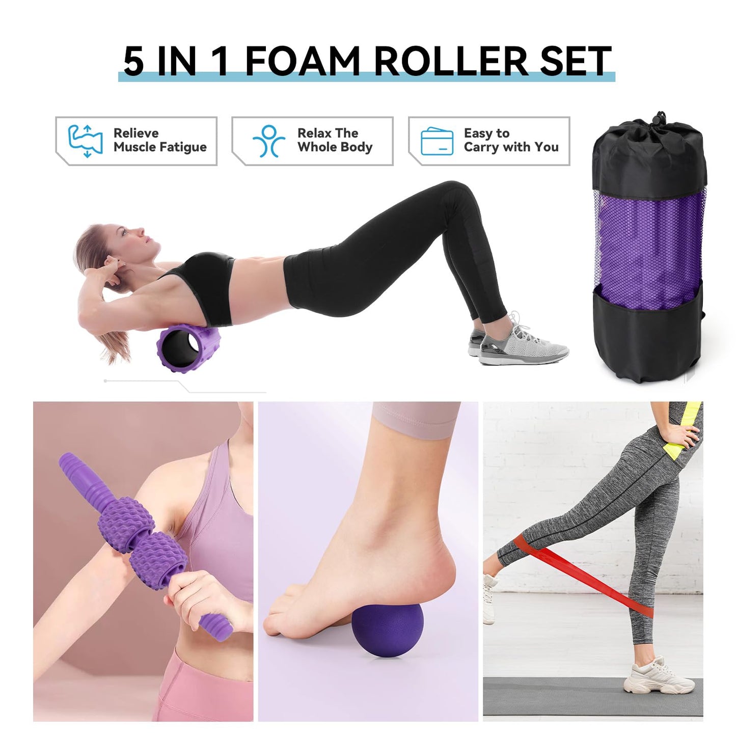 Zmarthumb 5 in 1 Foam Roller Set, High Density Fitness Exercise Foam Roller for Deep Tissue Muscle Massage, Massage Roller, Massage Ball, Resistance Band, for Whole Body(Purple)