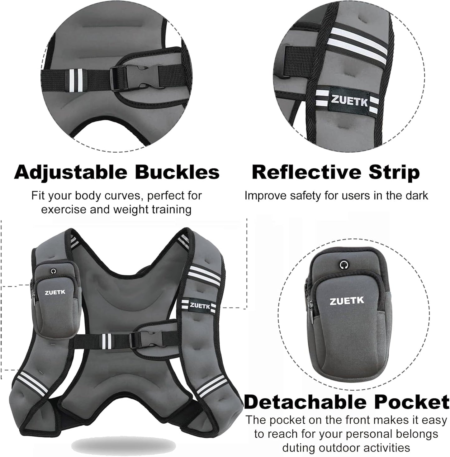 ZUETK Weighted Vest - Adjustable 6lb to 30lb | Reflective Stripe for Enhanced Safety - Ideal for Strength Training & Fitness