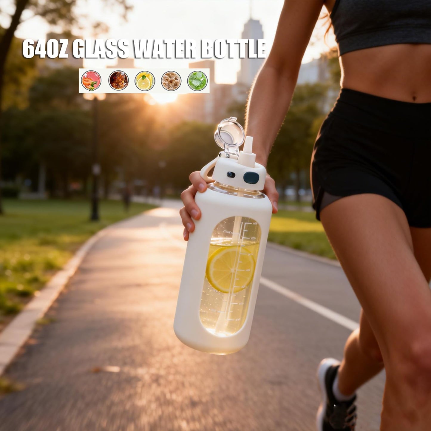 SIEROZUR 64 oz Glass Water Bottle with Straw and Handle Half Gallon Large Water Bottle with Silicone Sleeve and Time Marker Sports Water Jug Wide Mouth for Travel Gym