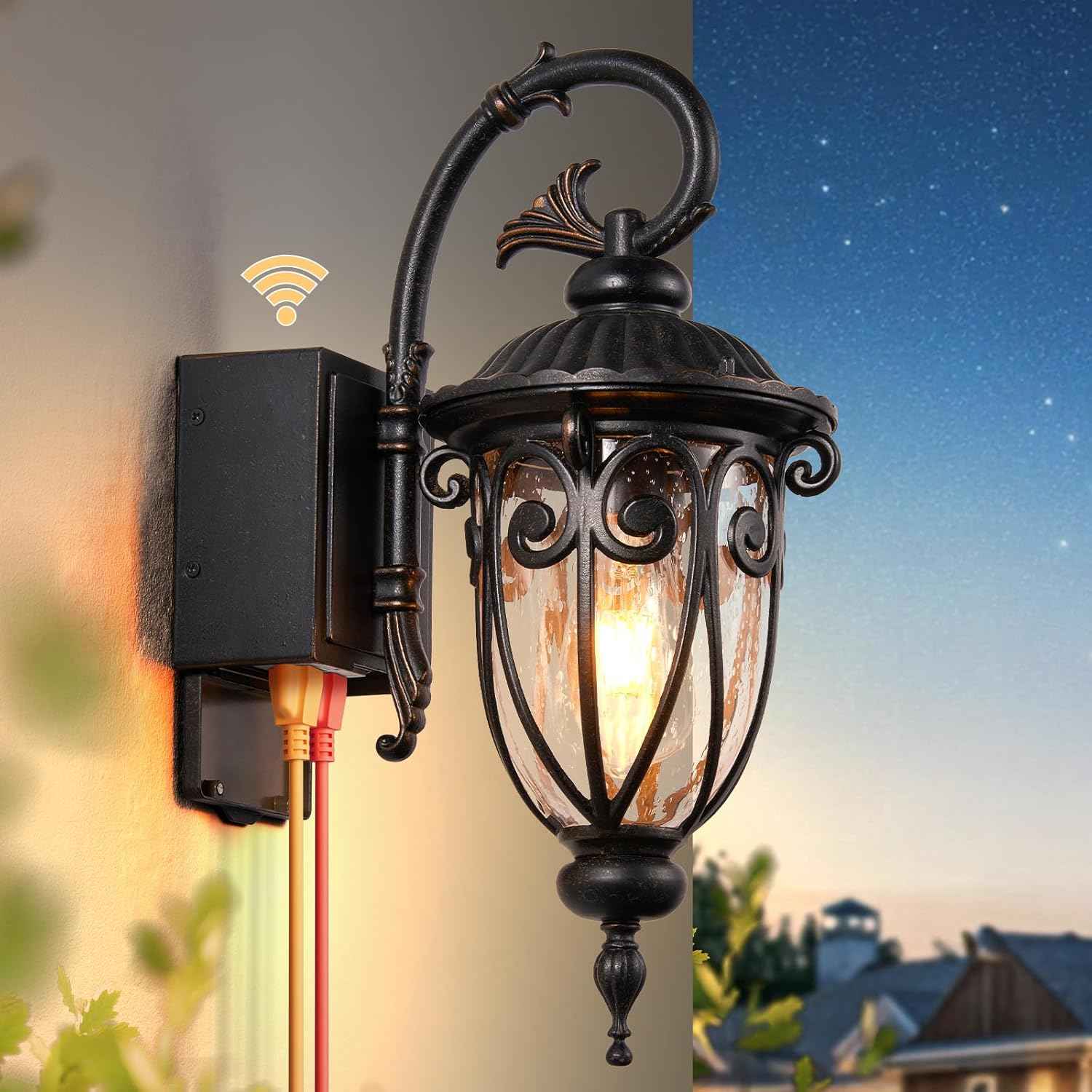 Outdoor Dusk to Dawn Porch Light with GFCI Outlet - 18.6" Waterproof Bronze Lantern