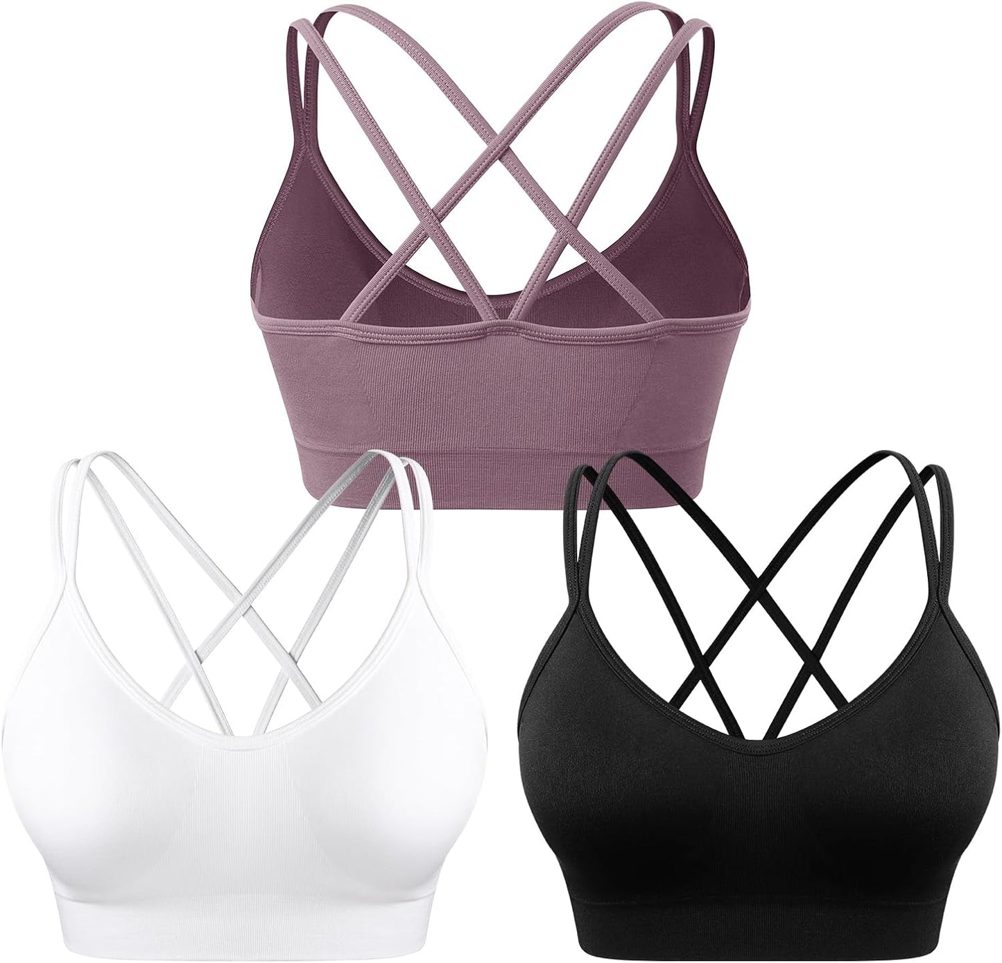 WANAYOU Sports Bras for Women - Strappy Cross Back Medium Support Padded Workout Bra | 3 Pack