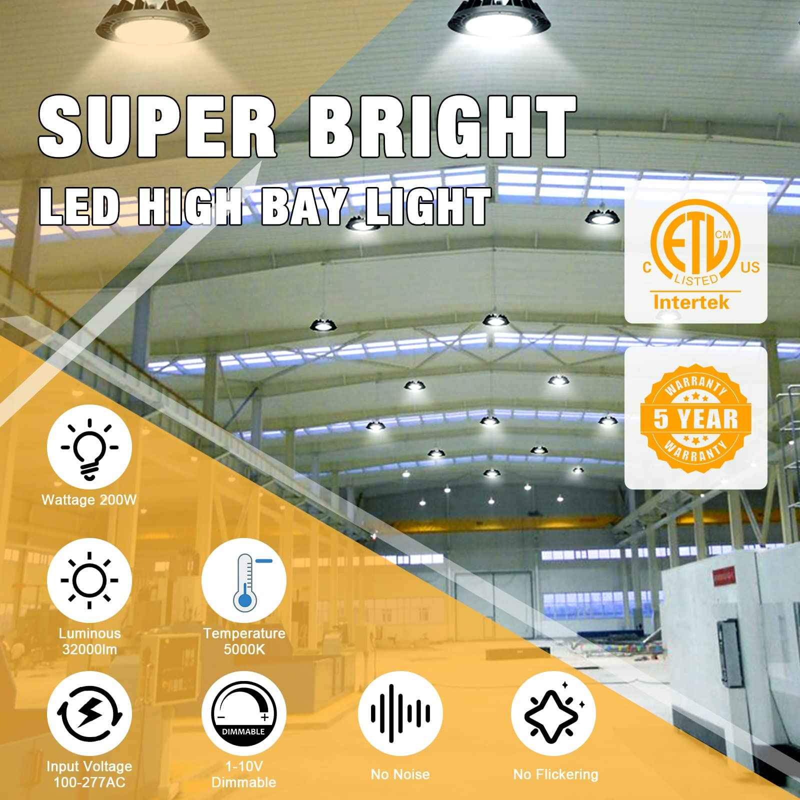 JC-LGL LED High Bay Light 200W Super Bright 32,000LM (160LM/W) 1-10V Dimmable, 5' Cable with Plug, Hanging Hook, Safe Rope, High Bay LED Light for Factory Warehouse Workshop