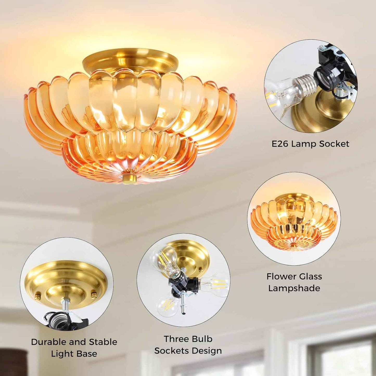 Modern Semi Flush Mount Ceiling Light Fixture with Brown Glass & Black Base - Ideal for Living Room, Kitchen, Bedroom, Hallway (Bulb Not Included)
