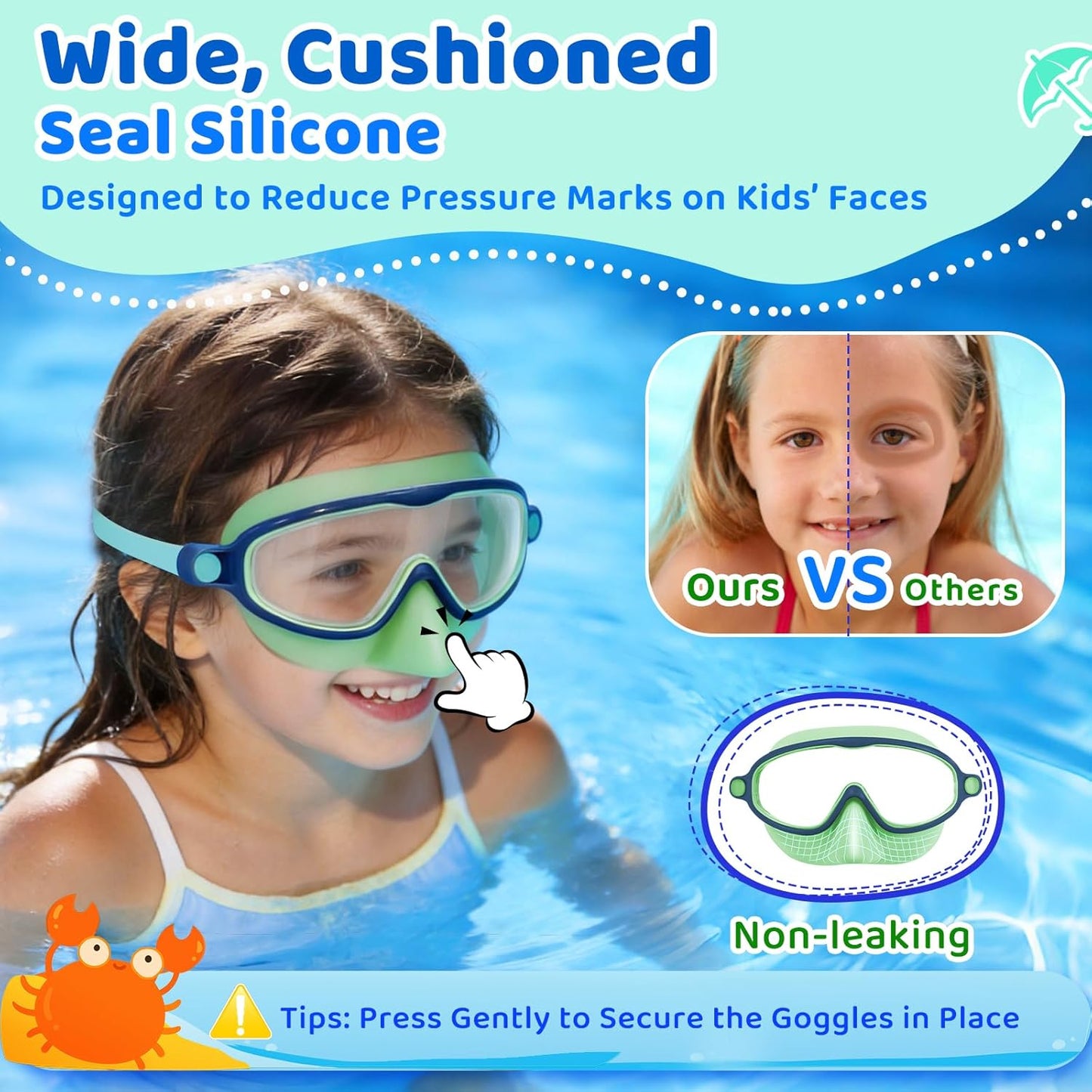Vvinca Kids Swim Goggles - Anti-Fog UV Protection with Nose Cover | 2 Pack for Ages 3-14