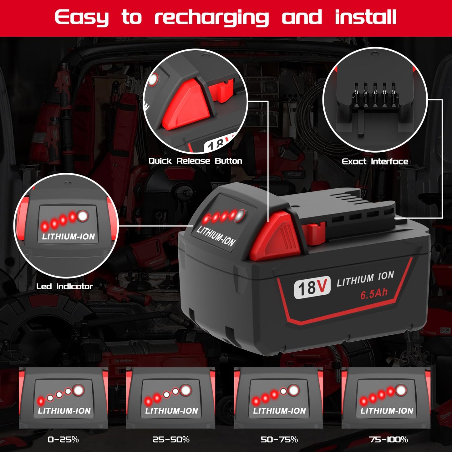 Worthmah 2 Pack 6.5Ah 18V Batteries Replace for Milwaukee M18 Battery Lithium lon 48-11-1860 48-11-1850, Compatible with m18 Milwaukee Battery Charger and 18 Volt Cordless Power Tools