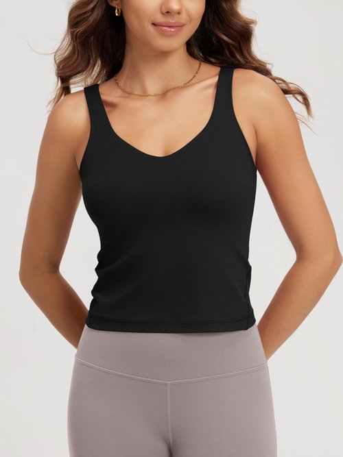 ODODOS Cloud Feeling Tank Bra for Women U Back Wirefree Longline Sports Bra Yoga Top with Removable Pads, Black, Medium