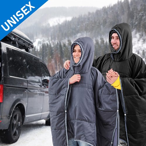 Preboun 2 Pcs Thermal Poncho Wearable Hooded Blanket Winter Poncho Wearable Sleeping Bag Water Resistant Windproof for Men Women (Black, Dark Grey)