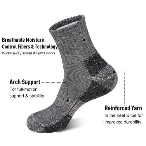 ECOEY Men's Merino Wool Athletic Socks, Outdoor Breathable Quarter Crew for Hiking, Running – 55% Merino Wool, Midweight, US Size 10-13
