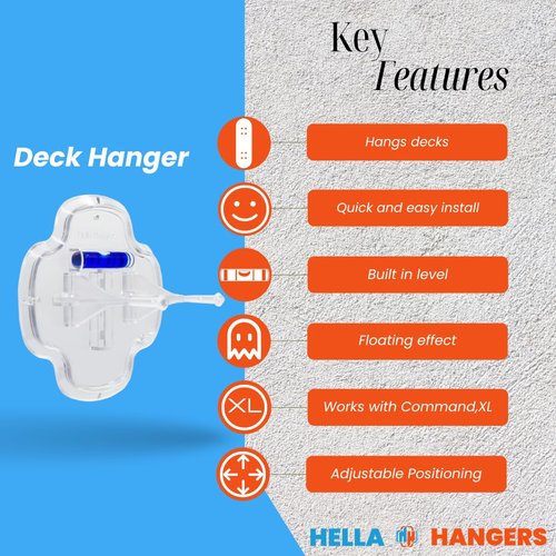 Hella Hangers | Skateboard Deck Hanger | Works with Adhesive Strips | Transparent Floating Hanging Display Mount for Skateboards | Great Gift for Skaters