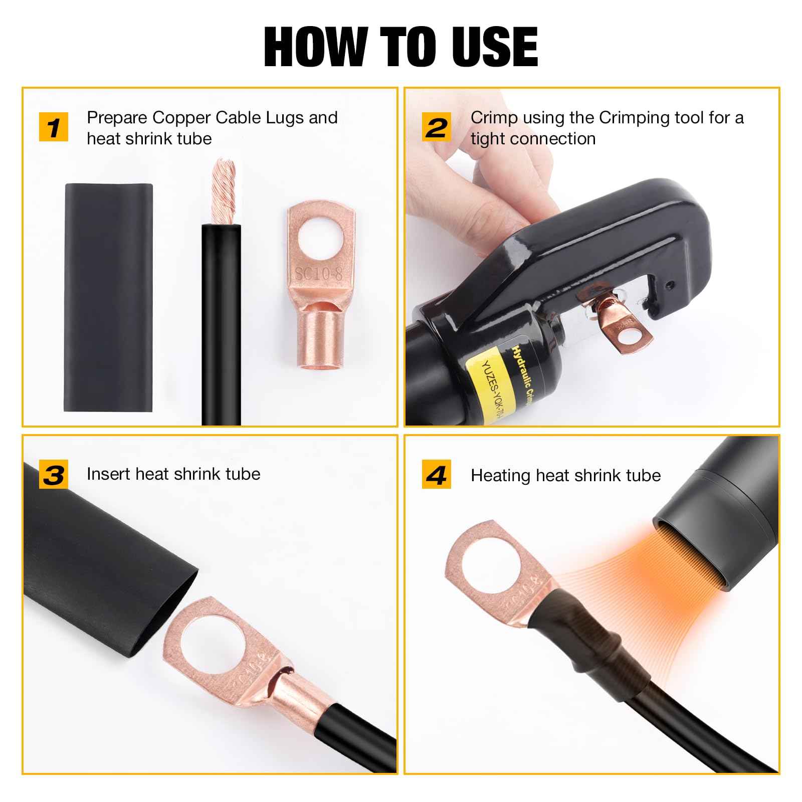 YUZES 200PCS Copper Wire Lugs AWG12 10 8 6 4 2 with Heat Shrink Set, Battery Cable Ends Ring Terminals Connectors, Crimp Terminals for Automotive, Marine, RV, Solar, Inverter & Audio Applications