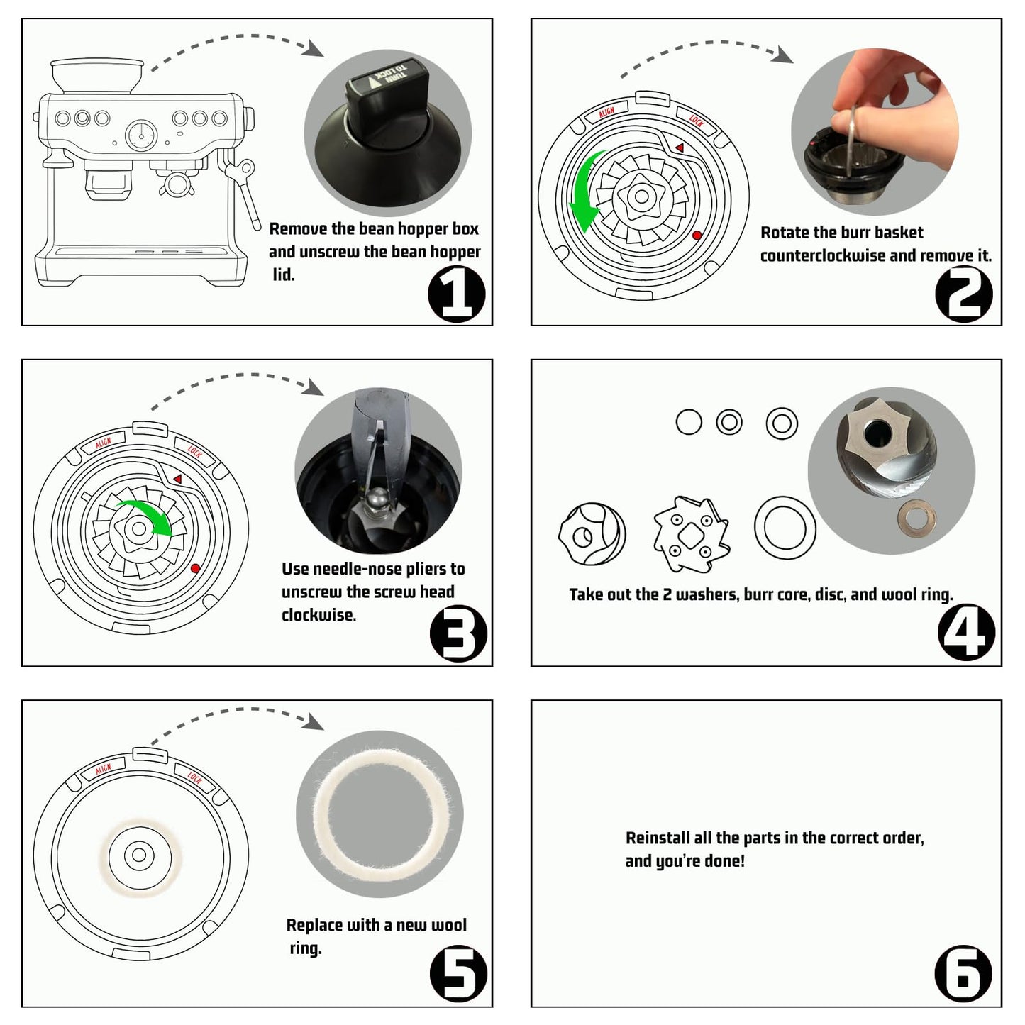 Wool Felt Washer Replacement for Breville Barista Espresso Machine Grinders – Compatible with BES870XL/BES878BTR/BES876BSS/BES840XL/ABES880/BES881/BES810/BES990/BES980 Accessories (6-Pack)