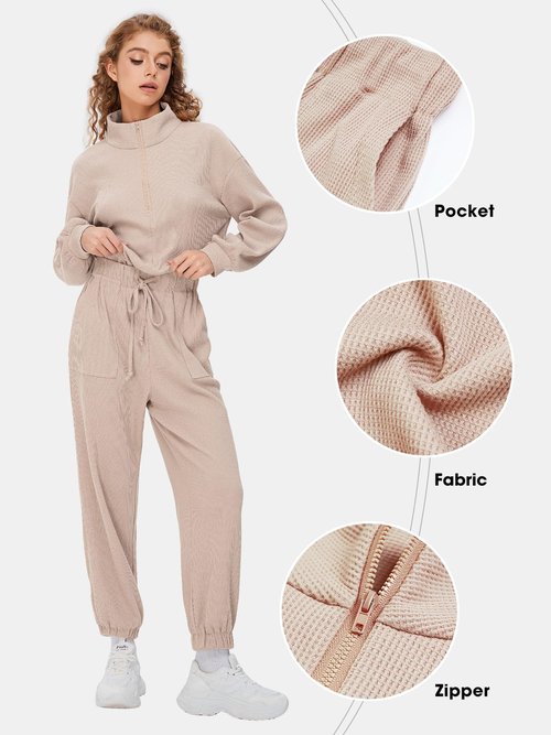EXLURA Women's Fall 2 Piece Waffle Lounge Set Sweatsuit 2024 Travel Half Zip Sweatshirts Pants Jogging Tracksuit Outfits