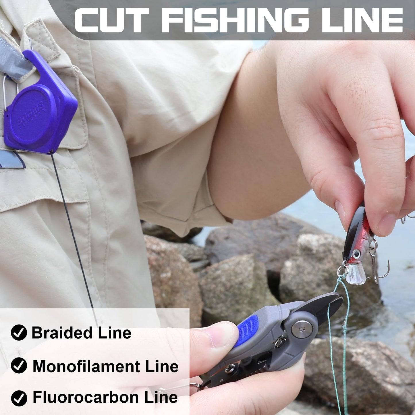 Booms Fishing Line Cutter with Retractor: Mini Fishing Scissors for Braided Momo Fluoro Line - Braid Scissors Saltwater with Hook Eye Cleaner - Serrated Shears with Locking Feature, FR1