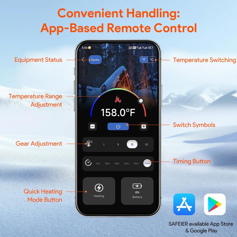 Minthouz Heated Socks, APP Control, 7.4V 5000mAh Rechargeable Battery Powered Smart Foot Warmers Thermal Socks for Men Women, Washable for Winter Fishing Cycling Skiing Skating Hiking Camping