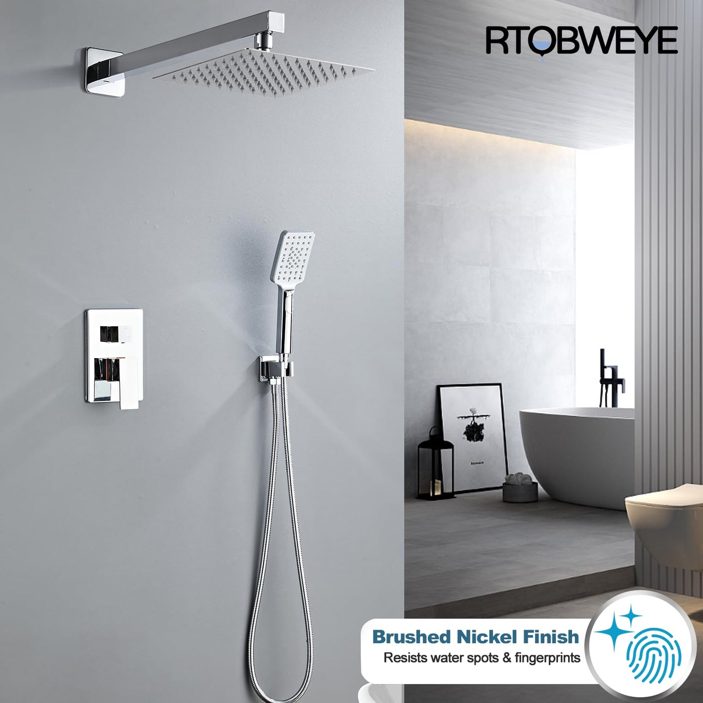 RTOBWEYE 8 Inch Shower Faucet Set, Rainfall Shower System with High Pressure Handheld Shower Head, Bathroom Mixer Wall Mounted Shower Faucet Rough-in Valve and Trim Kit, Polish Chrome, with 3-Setting
