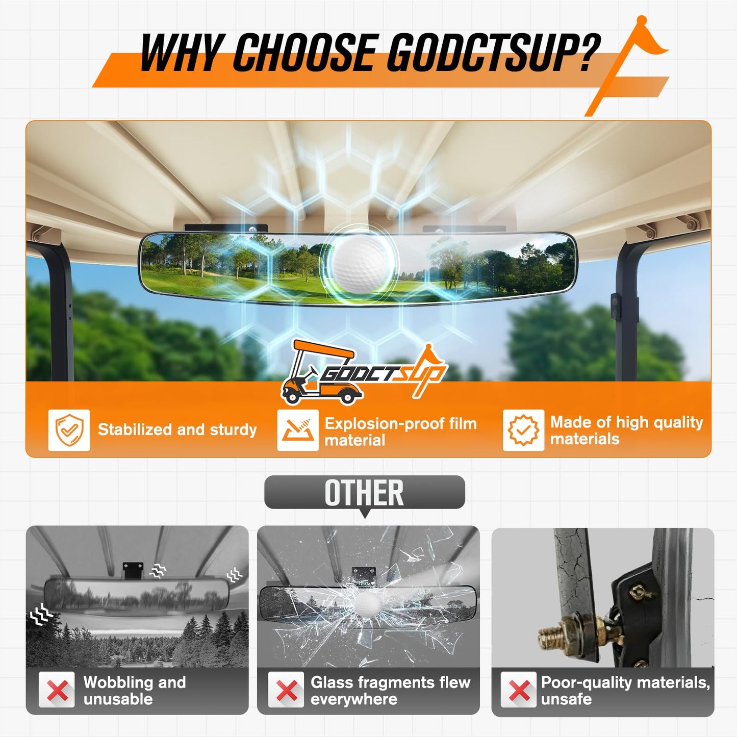 GODCTSUP Golf Cart Rear View Mirror, Universal Panoramic Golf Cart Mirror for Club Car EZGO YAMAHA and Others Carts, Clear View with 270° Adjustable Full Rearview