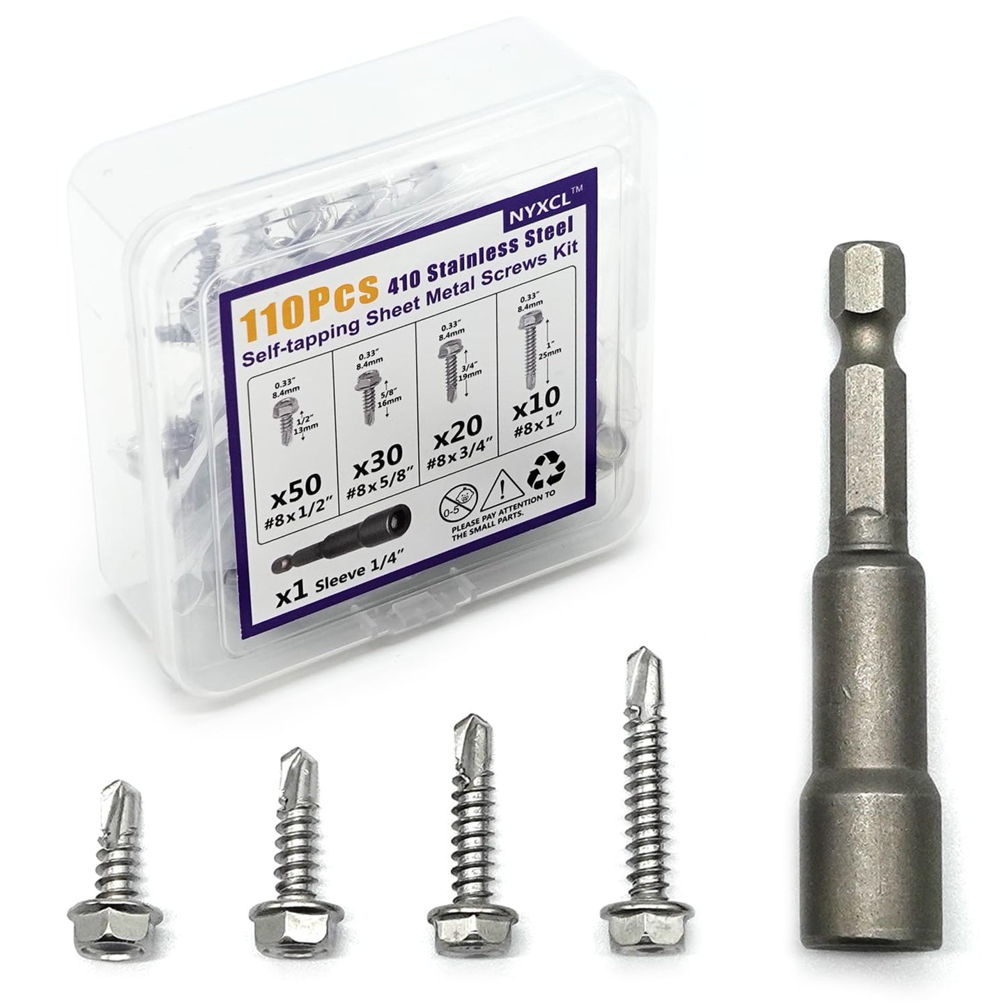 110PCS #8 Sheet Metal Screws 410 Stainless Steel Hex Washer Head Fast Self Tapping Drilling Screws with Screwdriver Bit Silver