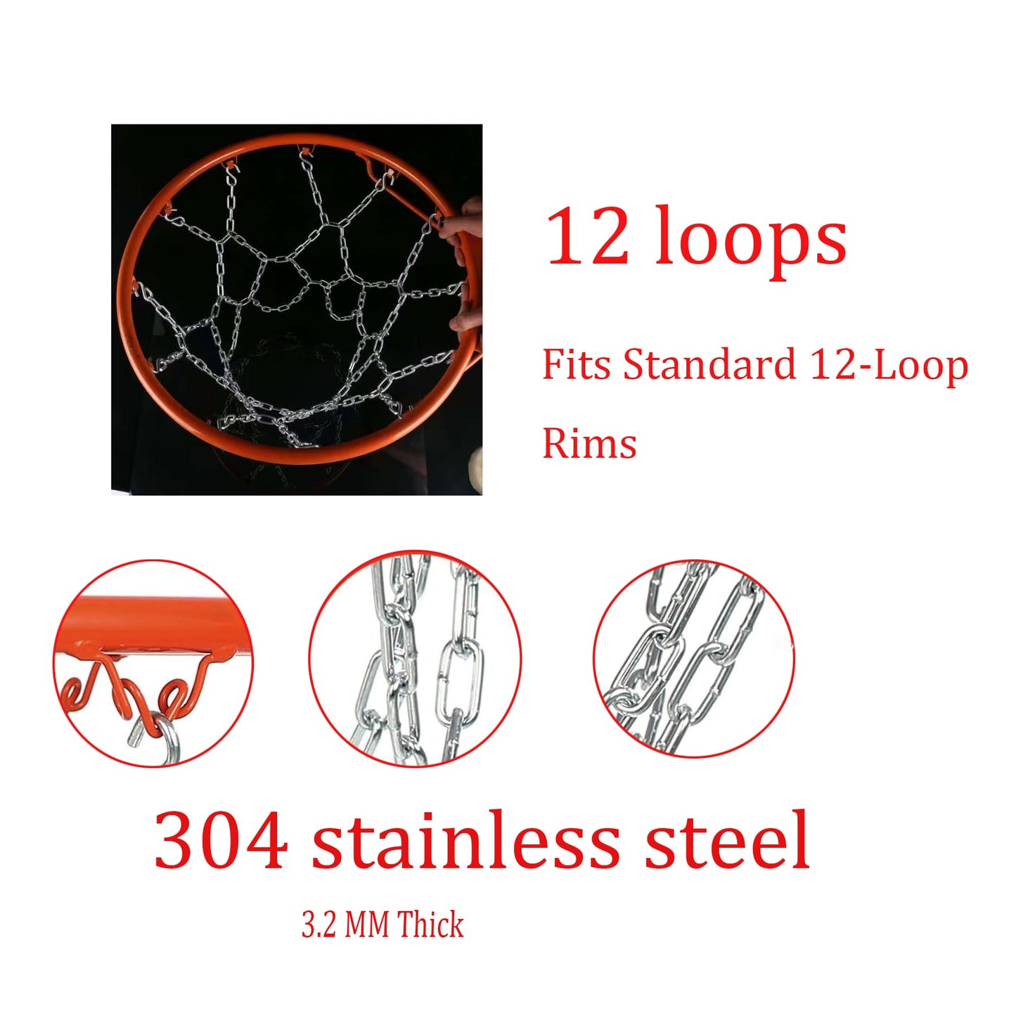 Basketball Chain Net, Heavy Duty 304 Stainless Steel Metal Replacement for Outdoor Basketball Hoop and Rim - Rust Proof Net Fits Most Backboards, 18 inch/45cm Drop Length