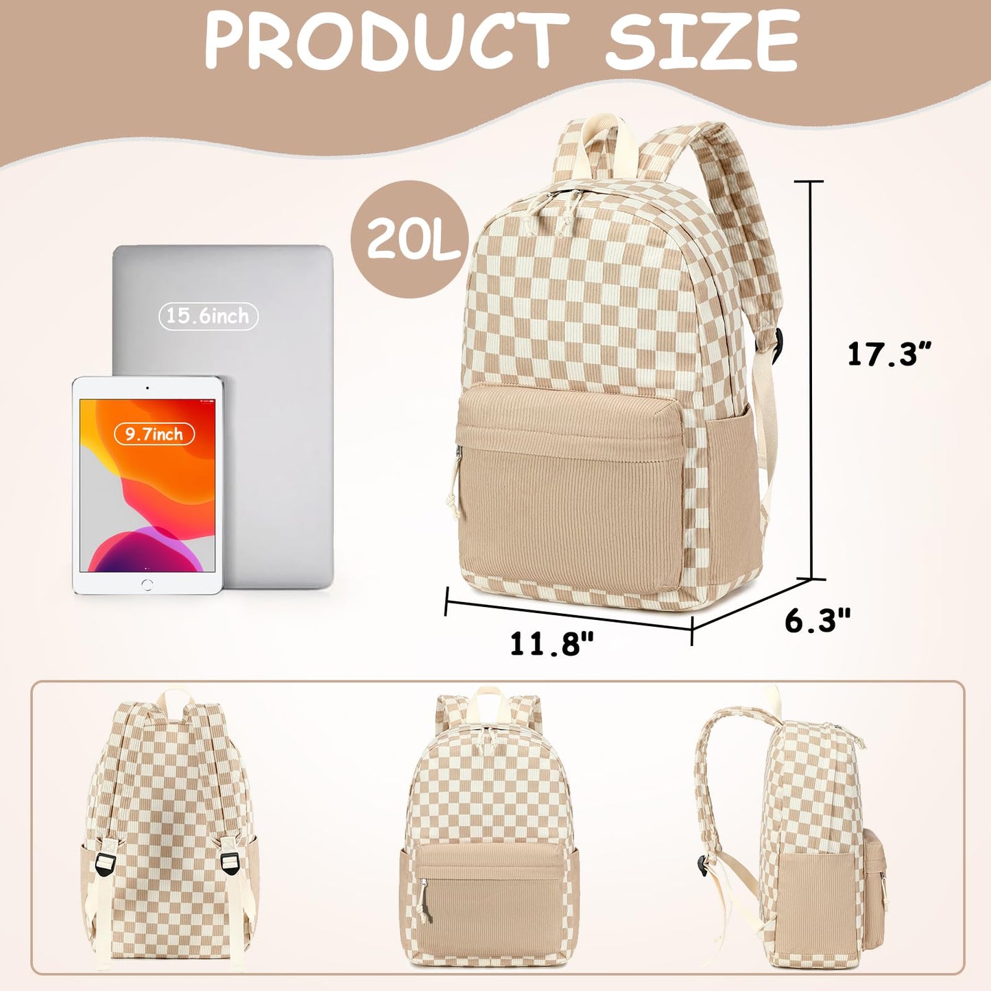CAMTOP Backpack for Teen Girls Corduroy Bookbags Elementary Middle High School School Bag Lightweight Women Travel Casual Daypacks (Brown White Grid)