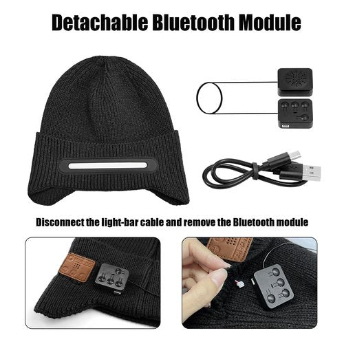 Bluetooth Beanie with Light, Built-in Stereo Speaker Mic and Wide Beam Light, Rechargeable Headlamp hat Music hat, Unique Tech Gifts for Men Him Husband Teen Black