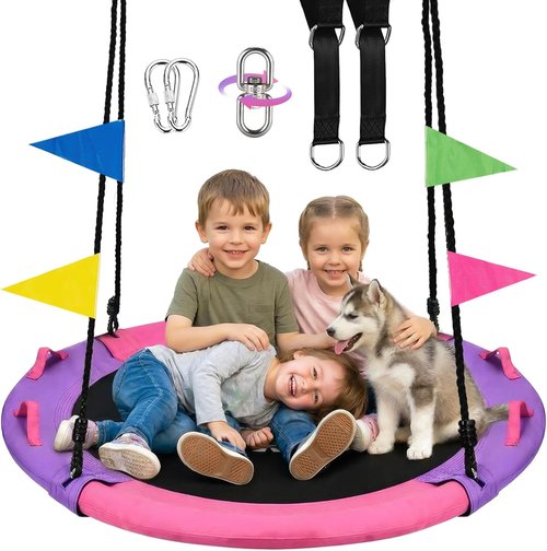 HeyZoo 43-Inch Saucer Swing - 900lbs Weight Capacity for Kids & Adults | 360° Swivel, Adjustable Strap, Pink & Purple