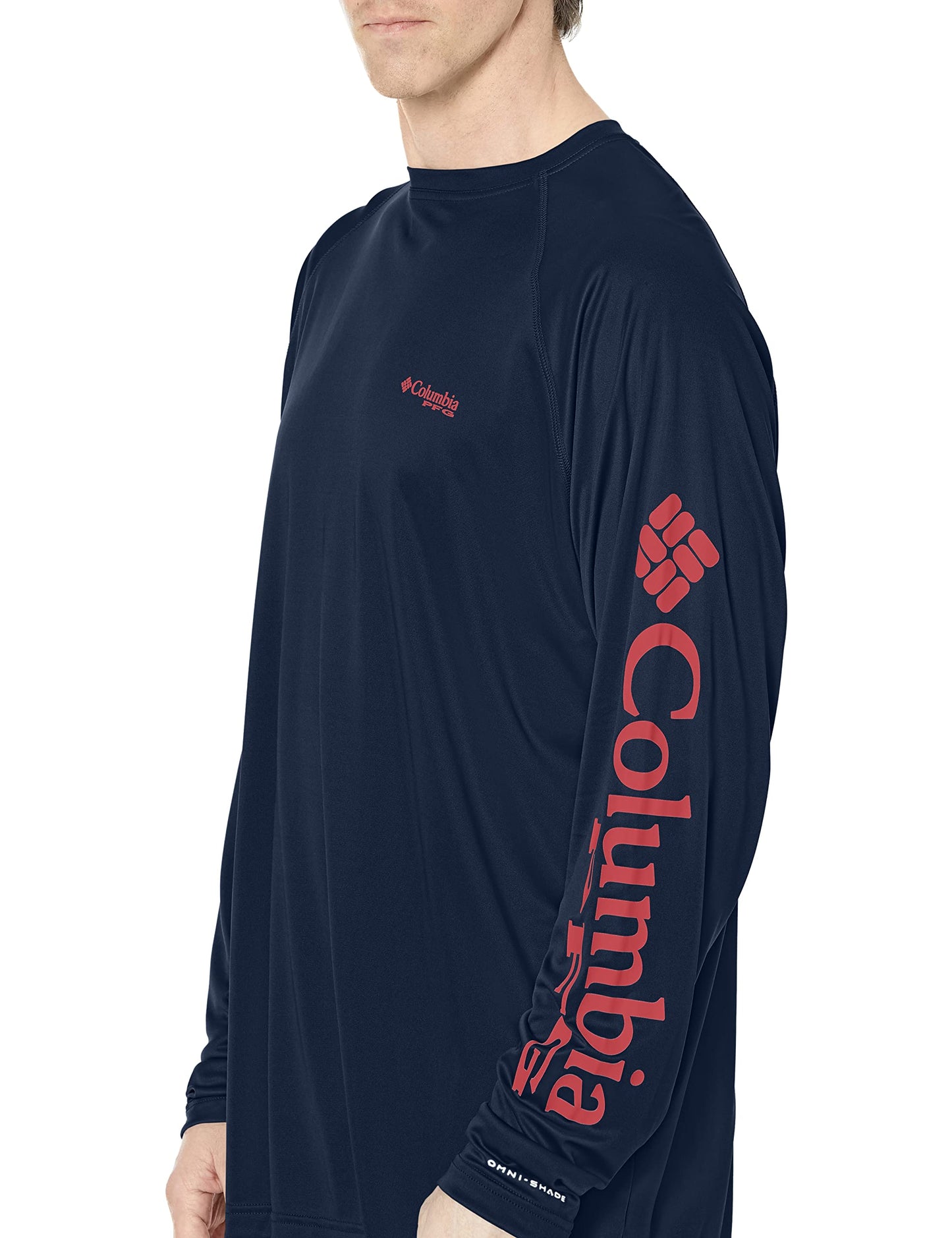 Columbia Men's PFG Terminal Tackle Long Sleeve Fishing Shirt, Collegiate Navy/Sunset Red Logo, 2X