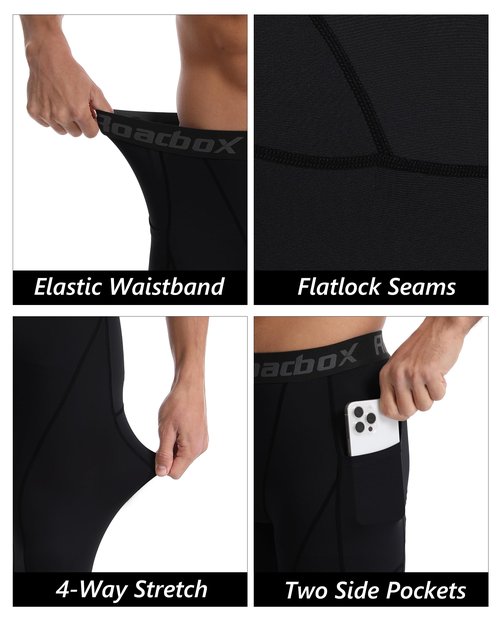Roadbox 2 Pack Men's Compression Pants, Quick Dry Running Tights Leggings with Pockets, Athletic Base Layer for Workout Gym