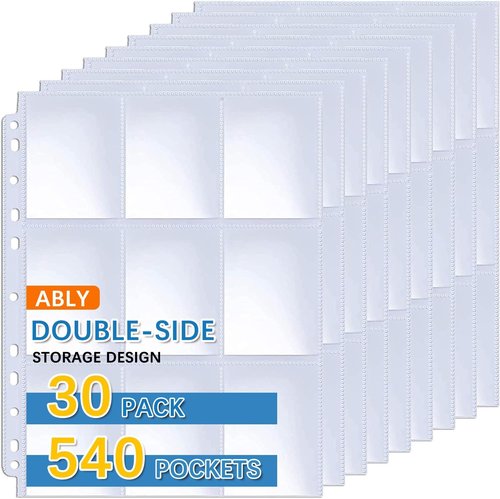 ABLY 540 Pockets Double-Sided Trading Card Sleeves - 9-Pocket Clear Protectors for Game Cards | Fits 3 Ring Binder (30 Pages)