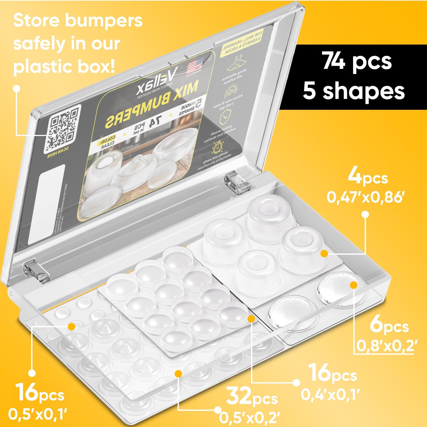 74 Clear Silicone Bumpers & Wall Protectors – 5‑Shape Self‑Adhesive Pads for Cabinets, Doors, Drawers & Furniture – Noise Dampening & Surface Protection by Vellax