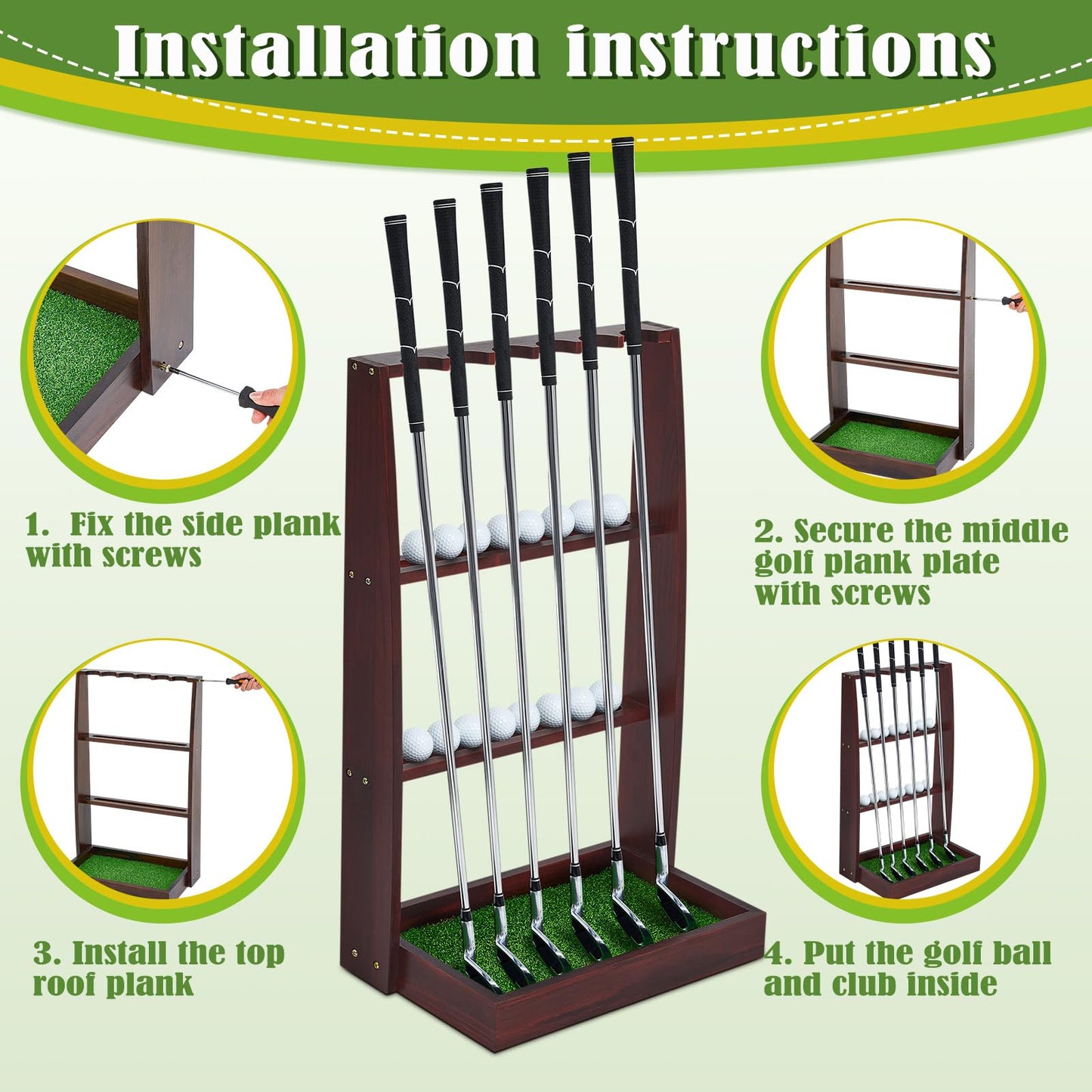 Lenwen Golf Putter Stand Wooden Display Rack Golf Club Holder Stand Floor Display Rack Club Organizer for Storage Sports Indoor Home Office Simulator(Hold 6 Clubs 16 Balls Storage,Fresh,Brown)